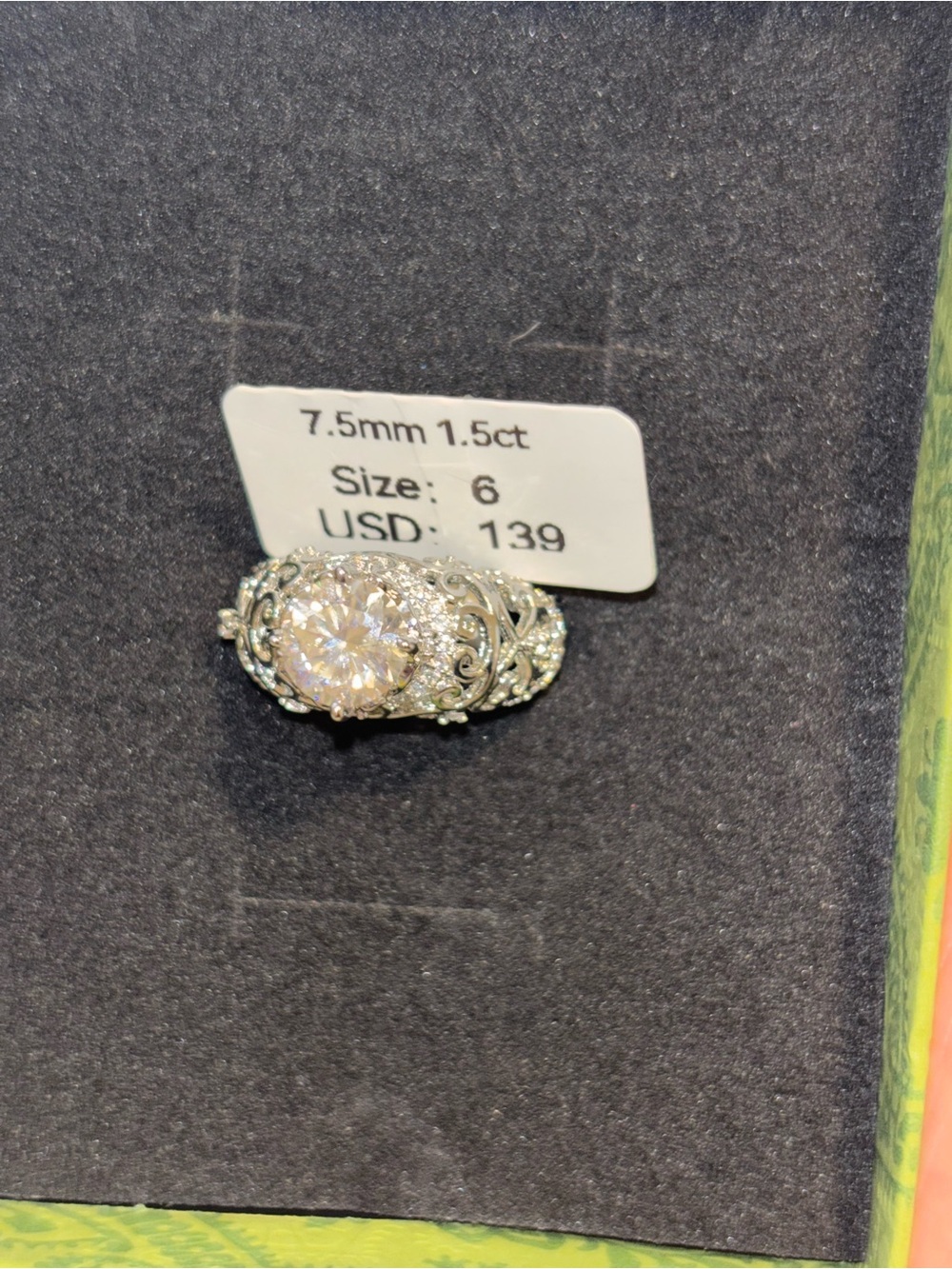 Silver Filigree 1.5ct  Ring - Size 6